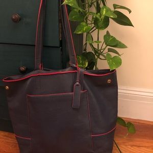 J Crew Leather Tote Navy with Red Trim